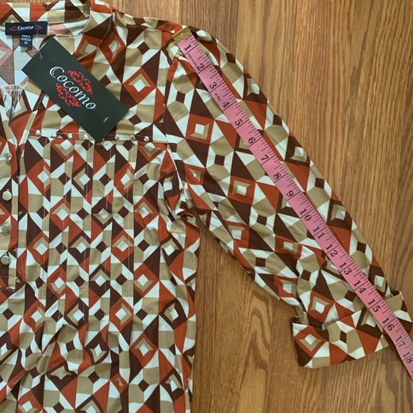 COCOMO Medium Brown Orange White 3/4 sleeve women's Pintuck Blouse top shirt - Picture 14 of 16
